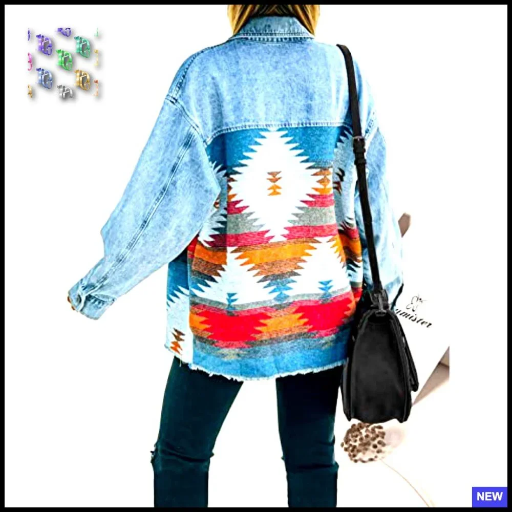 Vintage Aztec Denim Jacket Distressed Lapel Long Sleeve Button Down Shacket - Picture 4 of 7